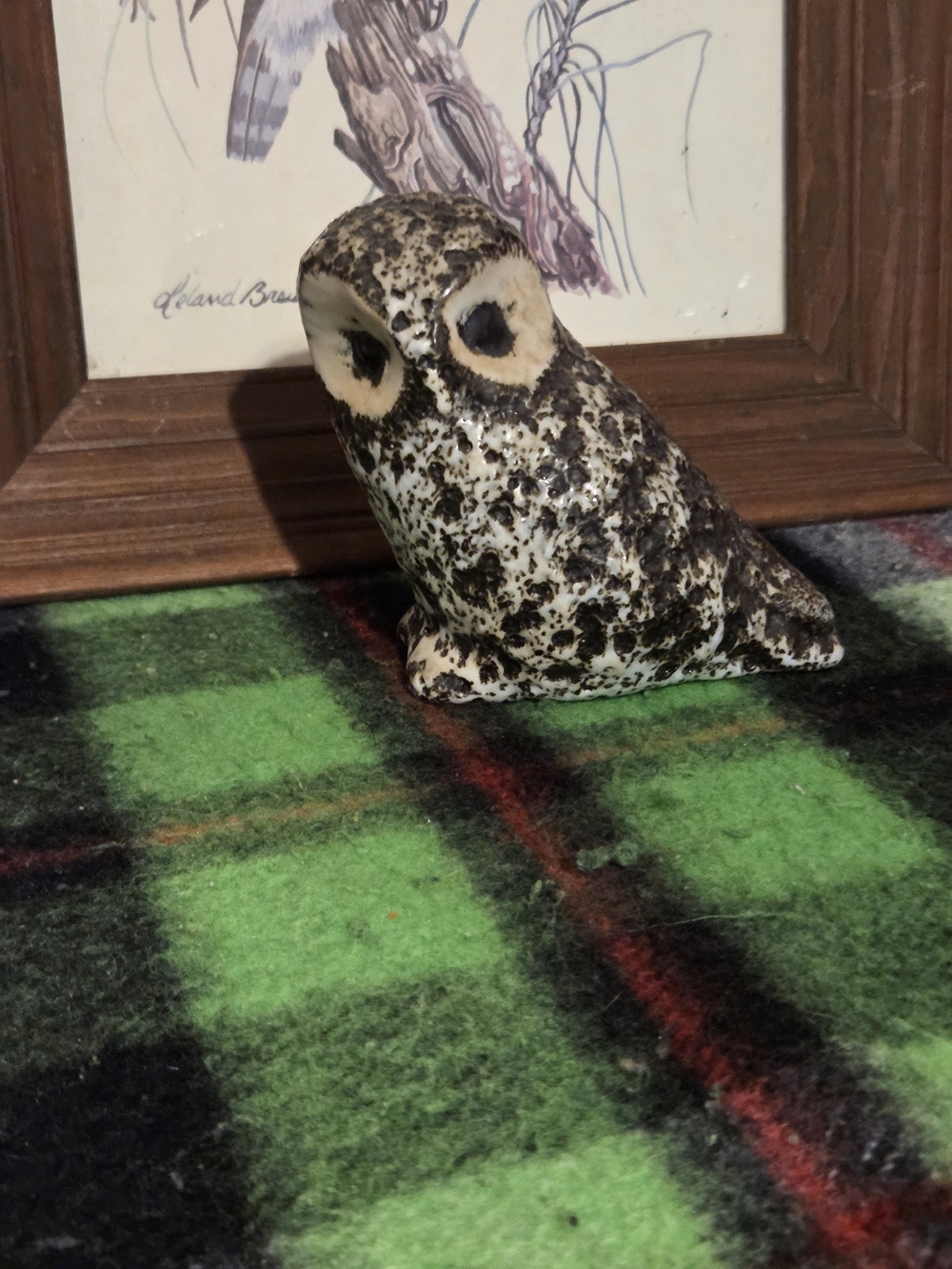 Speckled Ceramic Owl Figurine - Black, Brown & Cream Decor Handmade